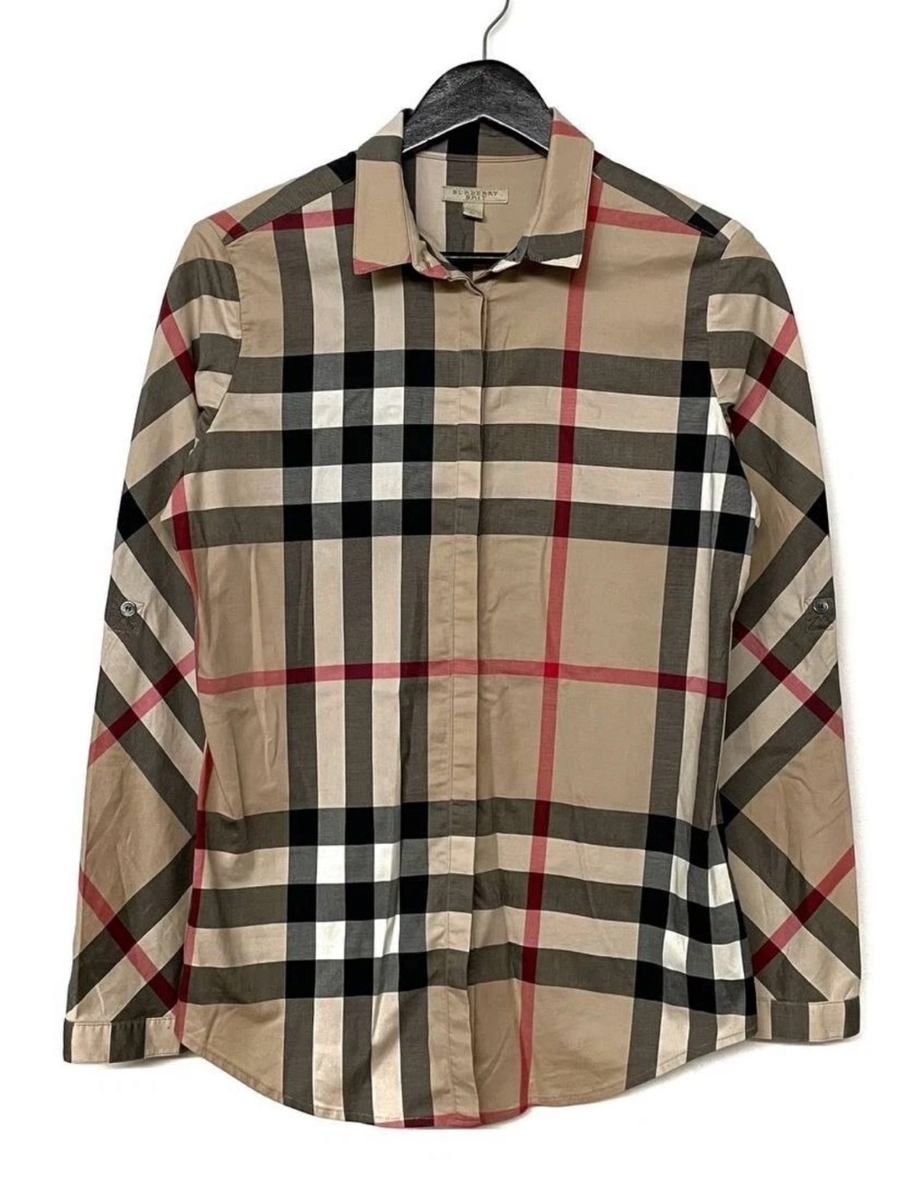 Burberry Beige Black White Red Plaid Button-Down Shirt